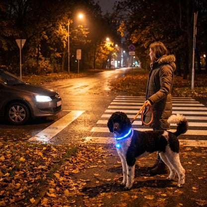 Collier lumineux chien bleu caniche royal traverse de rue