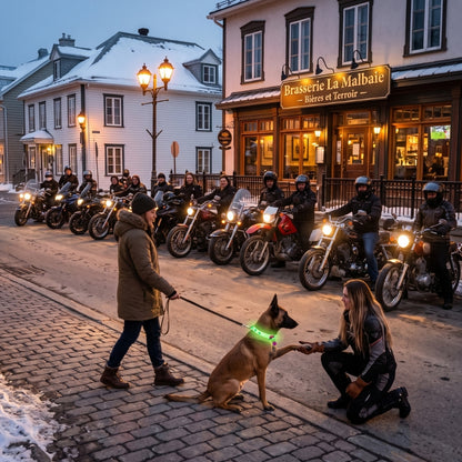 Collier lumineux chien une femme à genoux avec gang de motards