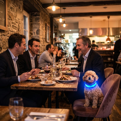 Collier lumineux chien homme d'affaires au restaurant