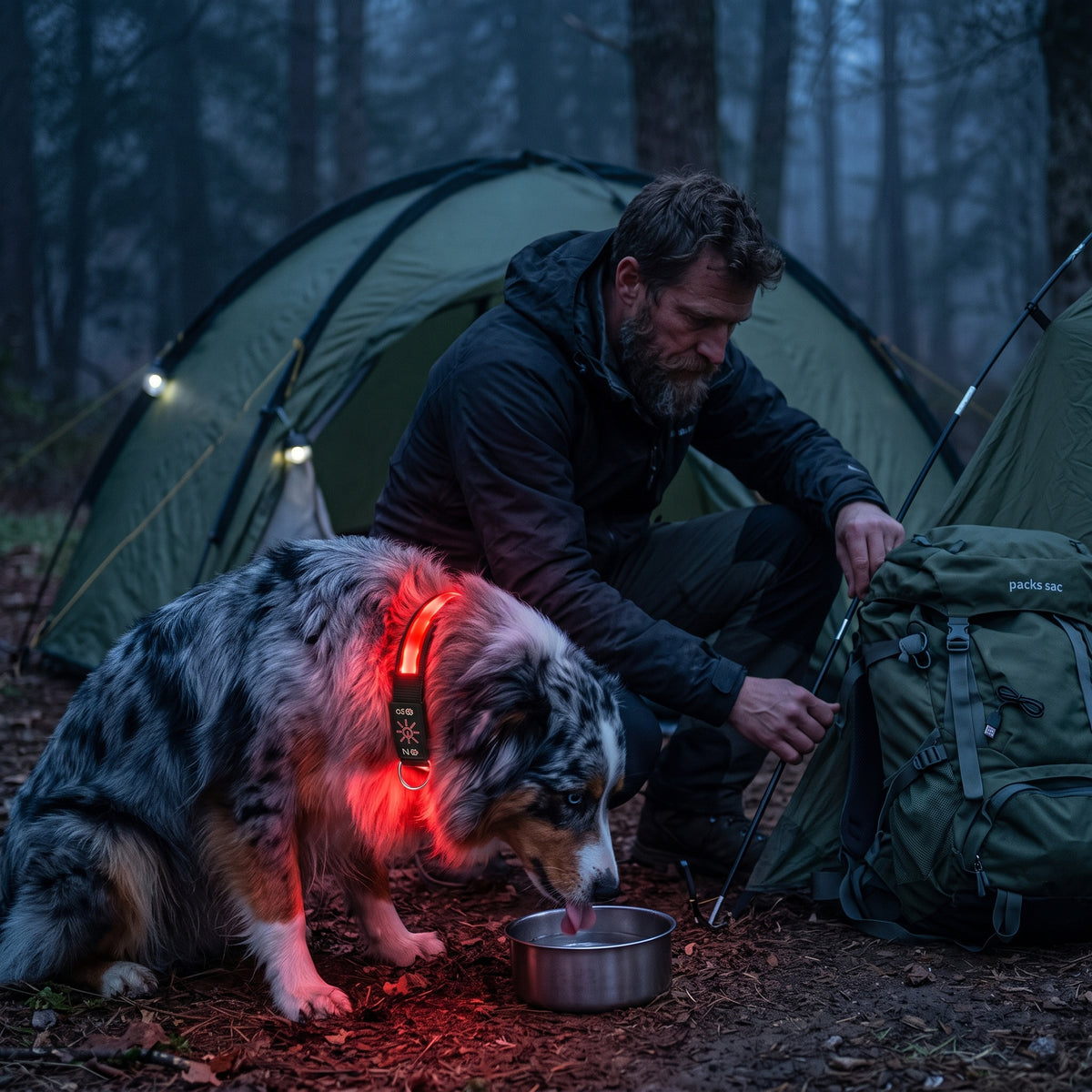 Collier lumineux chien homme en campin