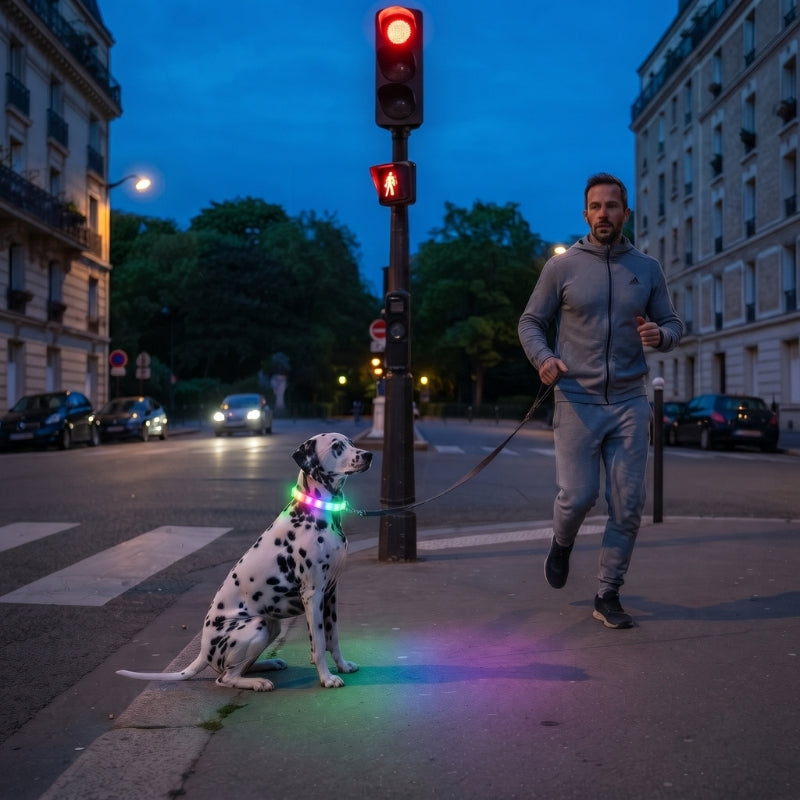 Collier lumineux chien jeune homme fait du jogging arrêter a la lumière