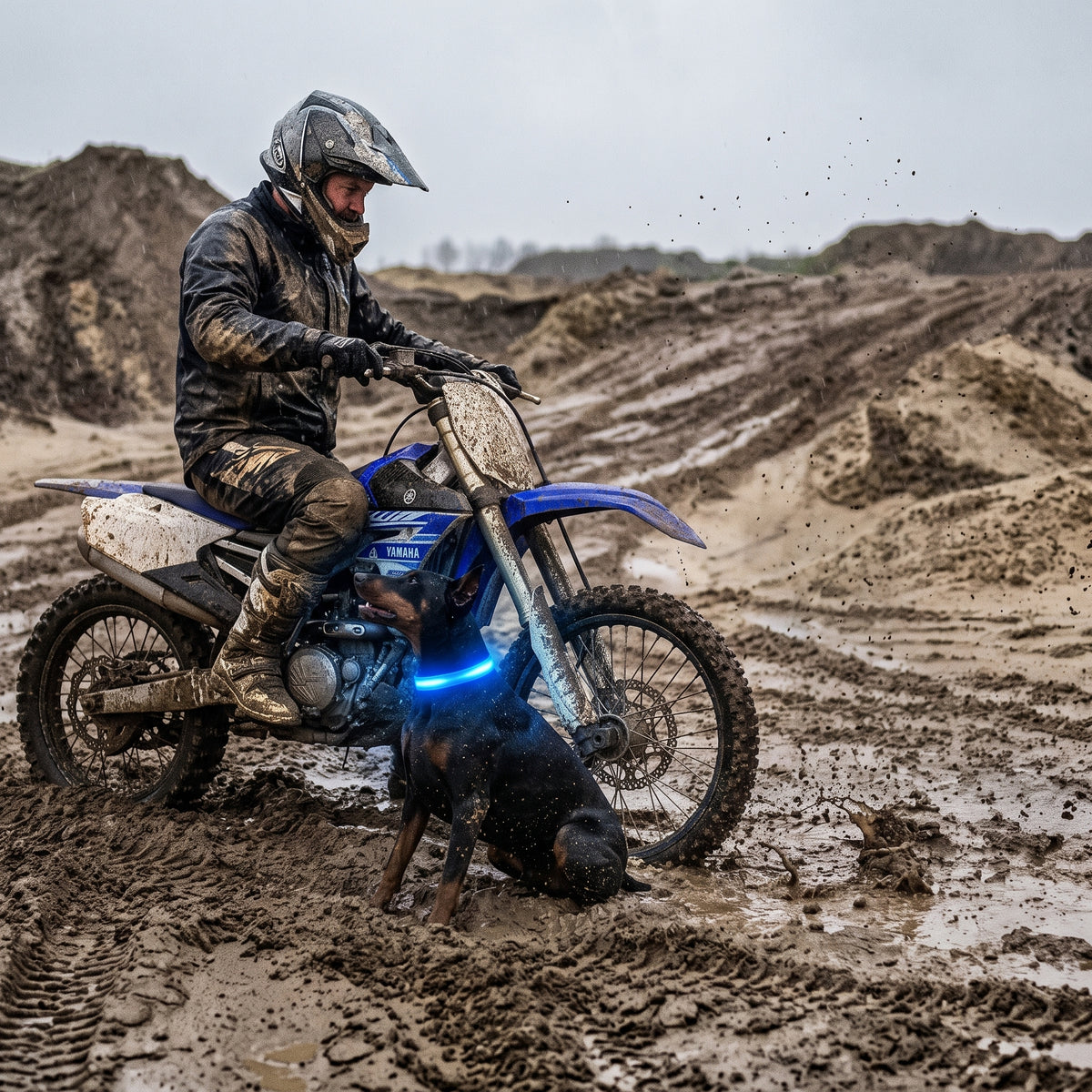 Collier lumineux chien Lumiled Homme en motocross dans la boue avec son chien