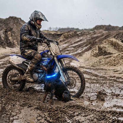 Collier lumineux chien Lumiled Homme en motocross dans la boue avec son chien