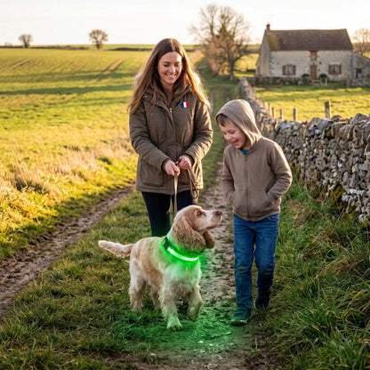 Collier lumineux chien mère et son fils à la campagne