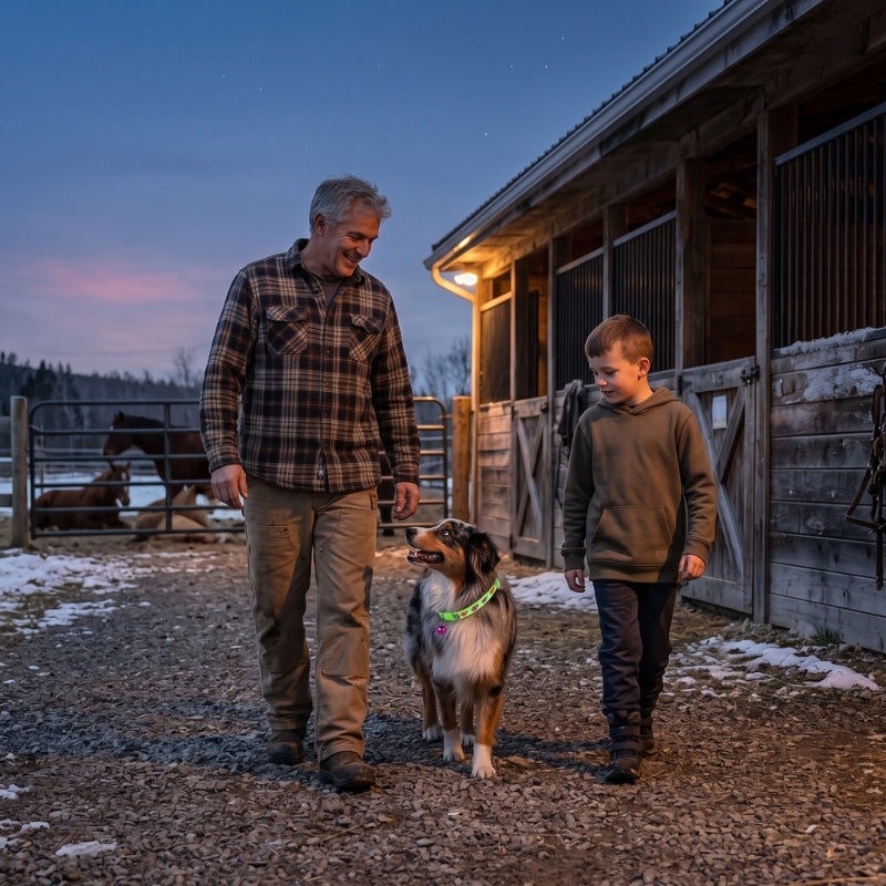 Collier lumineux chien petit-fils en hiver à l'écurie