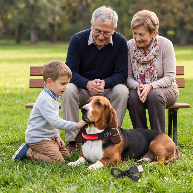 Collier lumineux chien petite famille au parc