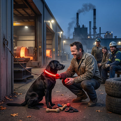 Collier lumineux chien rouge dans un atelier avec son propriétaire