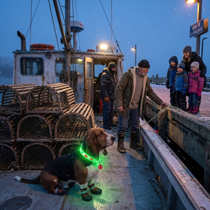 Collier lumineux chien sur un bateau de pêcheur