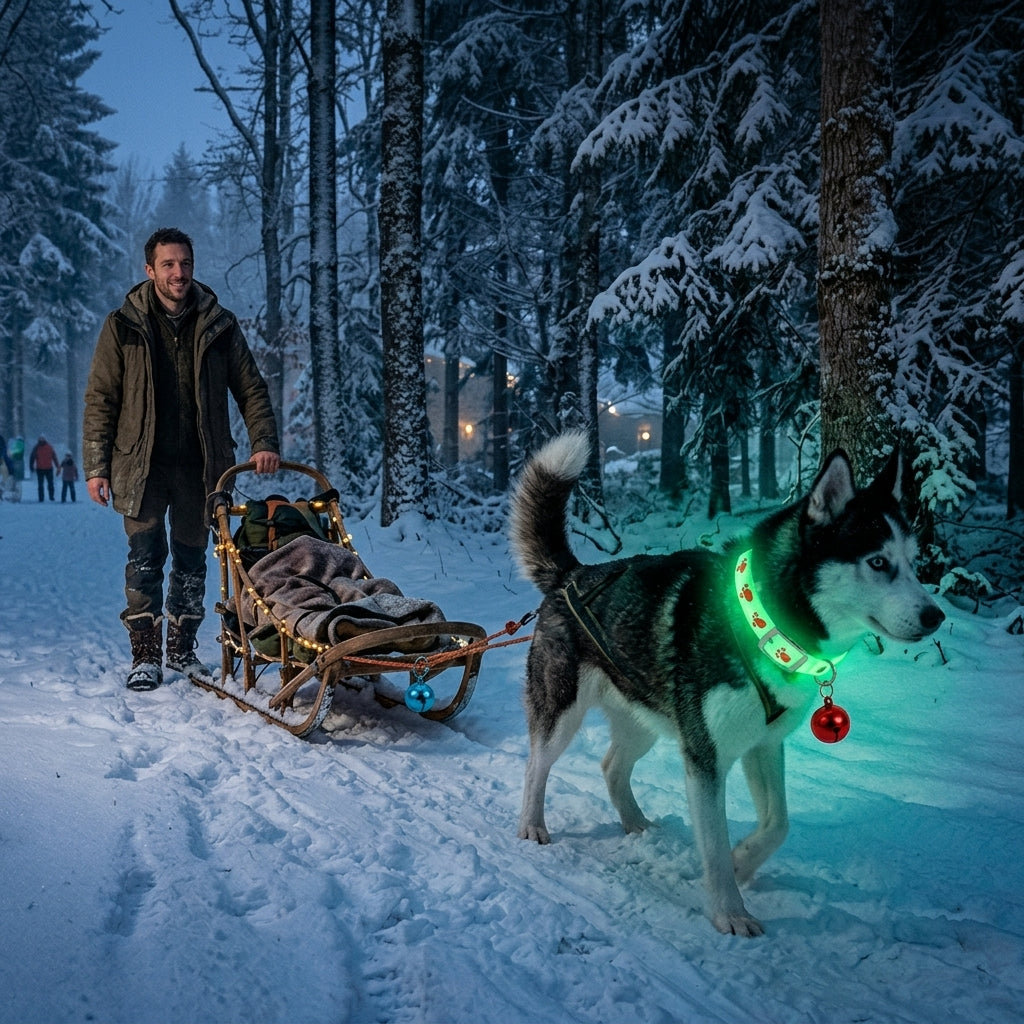 Collier lumineux chien traîneau en forêt