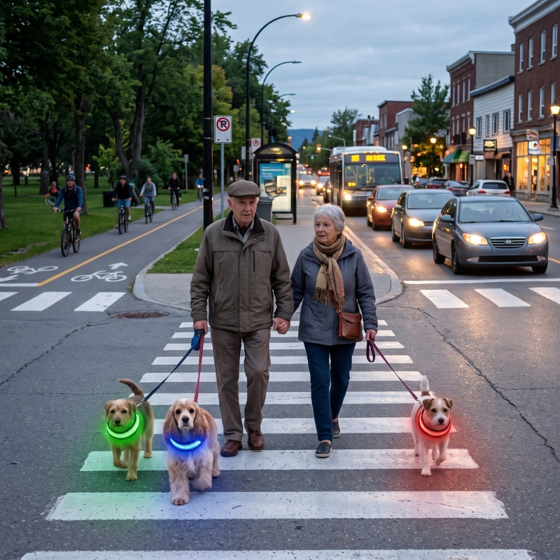 Collier lumineux chien avec trois chiens aux colliers vert bleu et rouge à un passage piéton