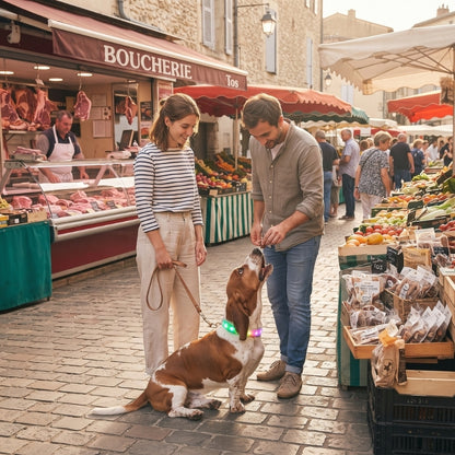collier lumineux chien un homme donne un os a son chien au marché