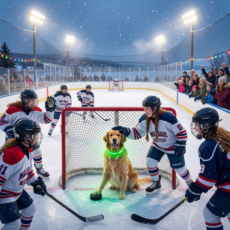 Collier lumineux chien vert sur une patinoire de hockey