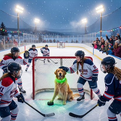 Collier lumineux chien vert sur une patinoire de hockey