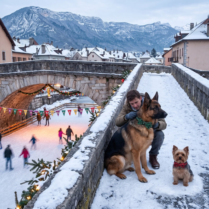 Collier pour chien ajustement deux chiens sur un pont au-dessus d'une patinoire