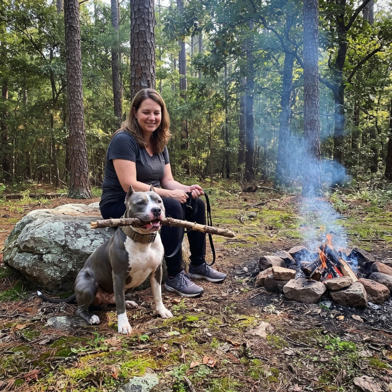 Collier pour chien aventure près du feu