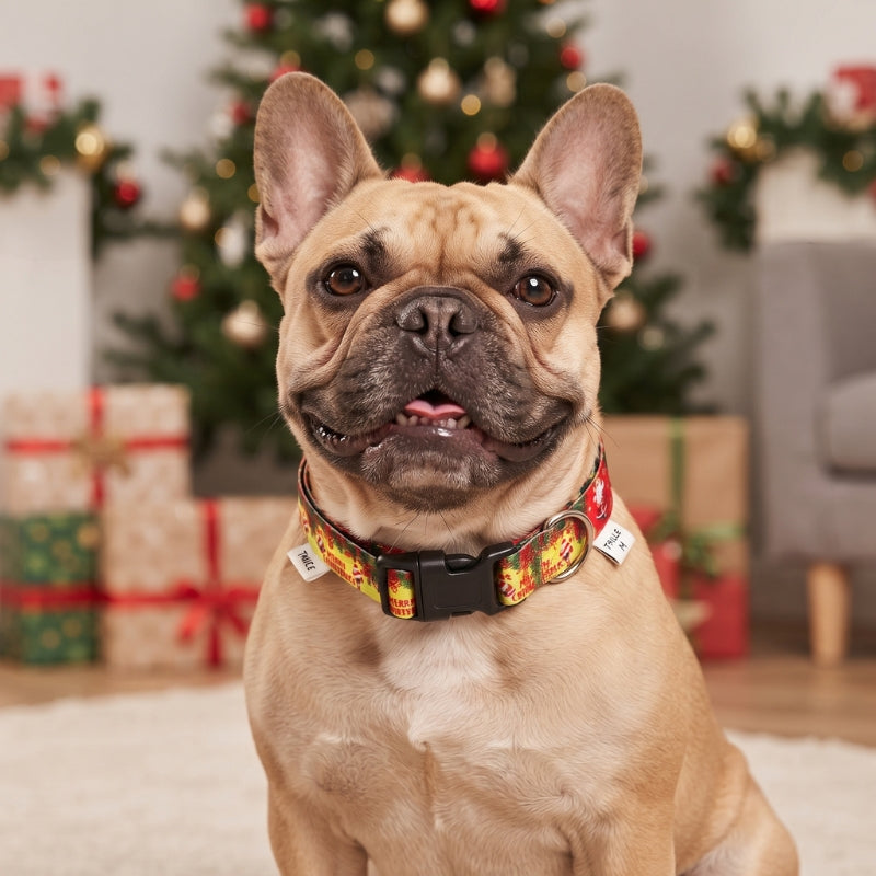 Collier pour chien bouledogues avec des cadeaux jour de Noël
