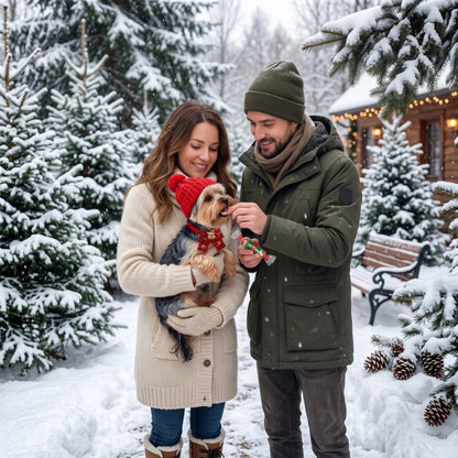 Collier pour chien couple dans la forêt à l’approche de Noël