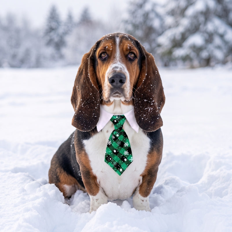collier pour chien cravate de Noël verte chien dans la neige