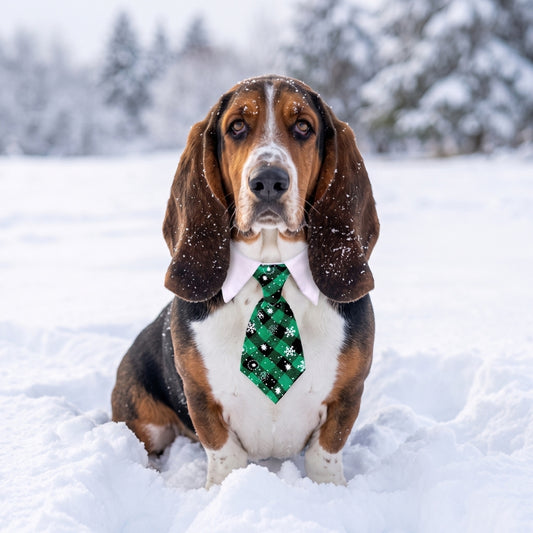 collier pour chien cravate de Noël verte chien dans la neige