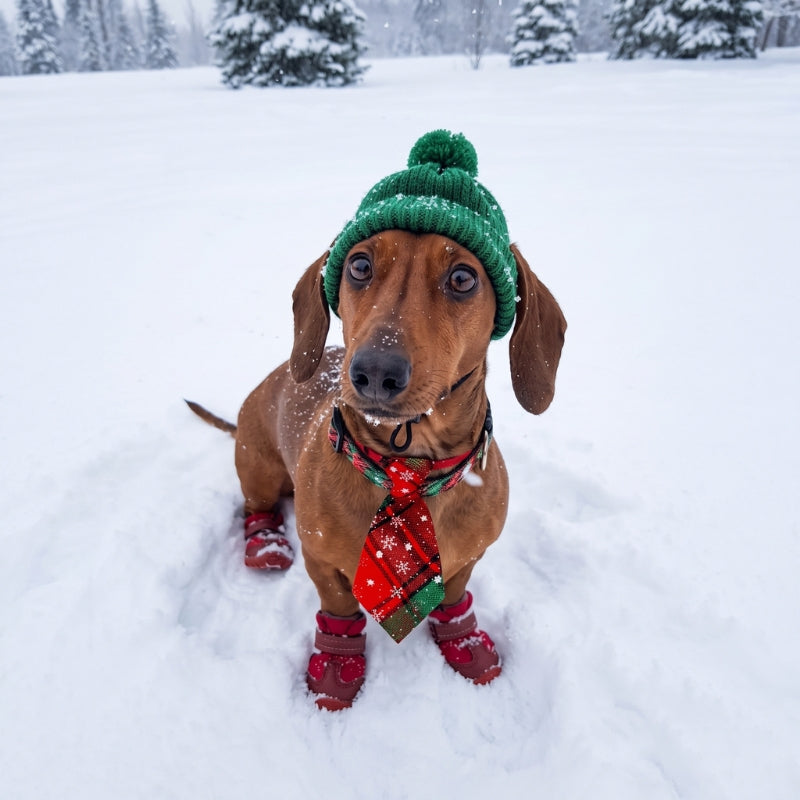 collier pour chien cravate rouge de Noël dans la neige et une tuque verte
