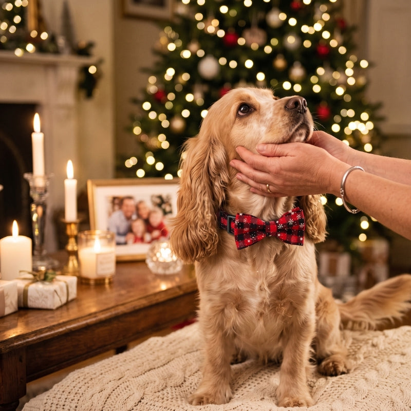 Collier pour chien deux mains caressent le chien devant le sapin de Noël