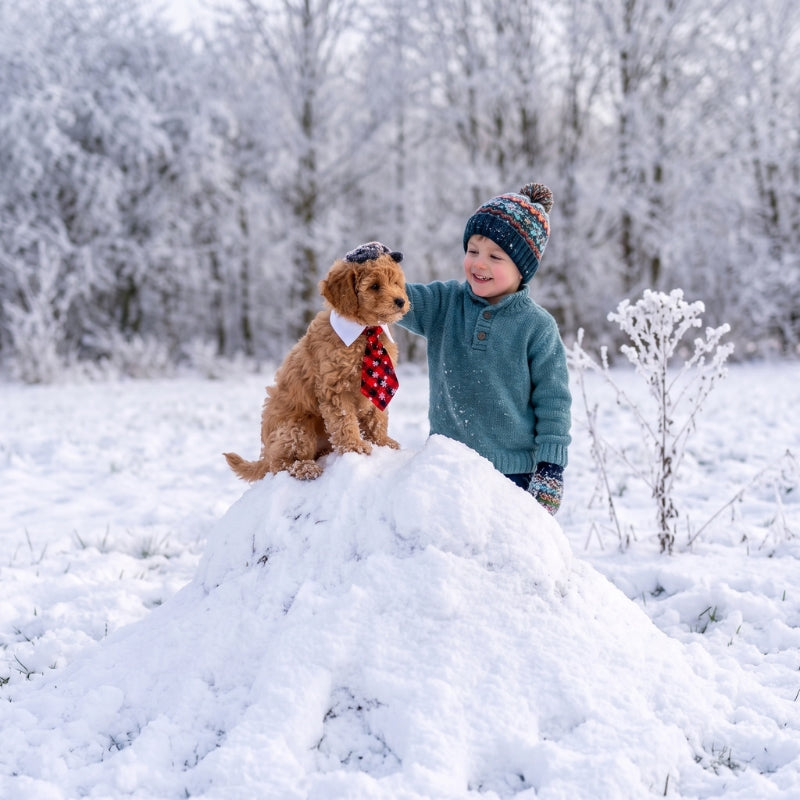 collier pour chien enfant et chiot dans la neige cravate rouge de Noël