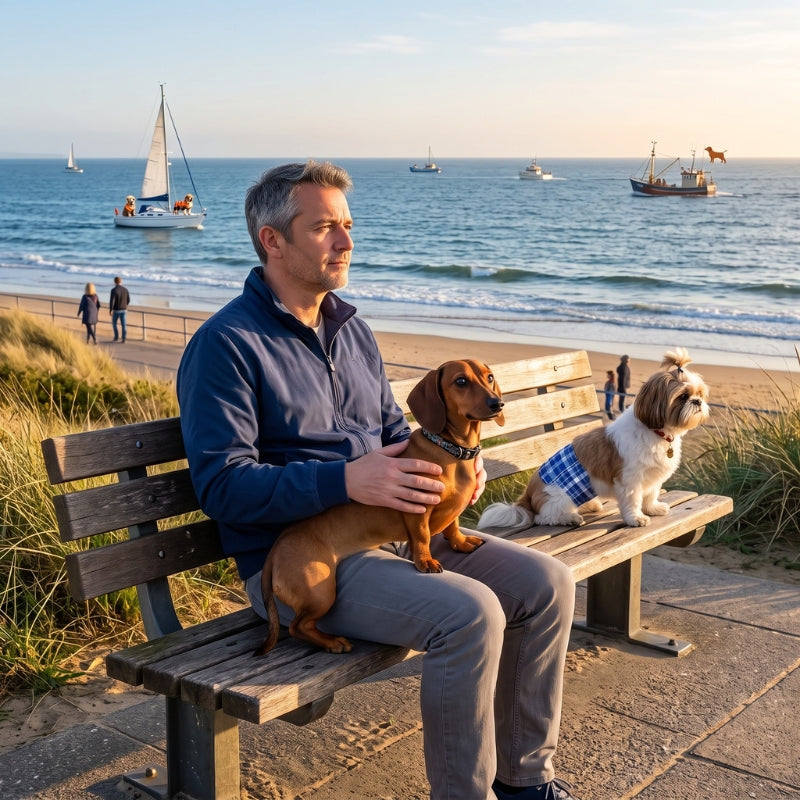 Couche pour chien au parc devant la mer