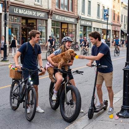 Couche pour chien deux vélos une trottinette sur la rue