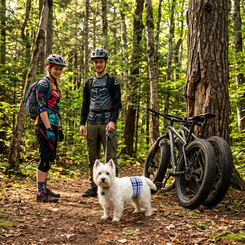 Couche pour chien en forêt un couple en Fat bike
