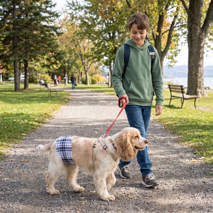 Couche pour chien garçon dans un sentier au parc