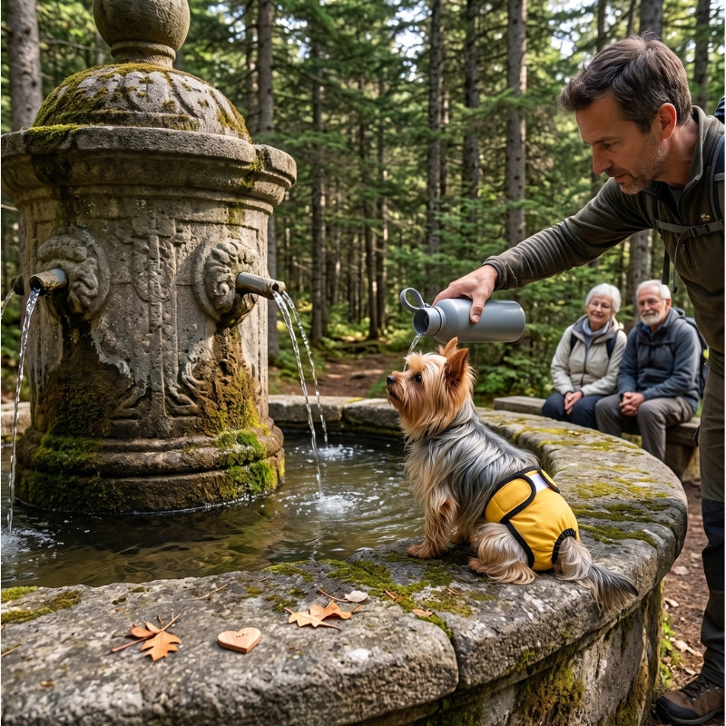Couche-pour-chien-homme-donne-a-boire-a-son-chien-sur-une-bordure-de-fontaine