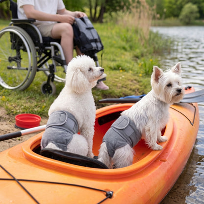 Couche pour chien homme en chaise roulante deux chiens dans le kayak