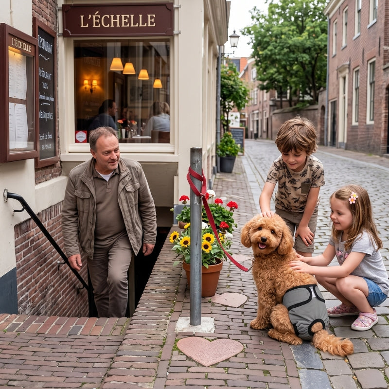 Couche pour chien homme revient du magasin deux jeunes enfants caressent le chien