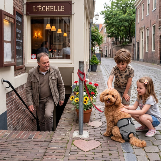Couche pour chien homme revient du magasin deux jeunes enfants caressent le chien