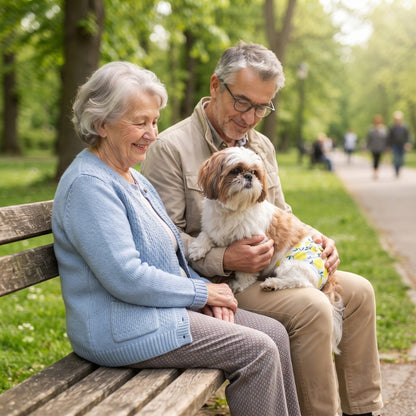 Couche pour chien illustrée par un couple assis sur un banc avec son chien