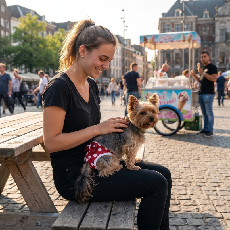 couche-pour-chien-illustree-par-une-femme-assise-avec-son-chien-en-ville