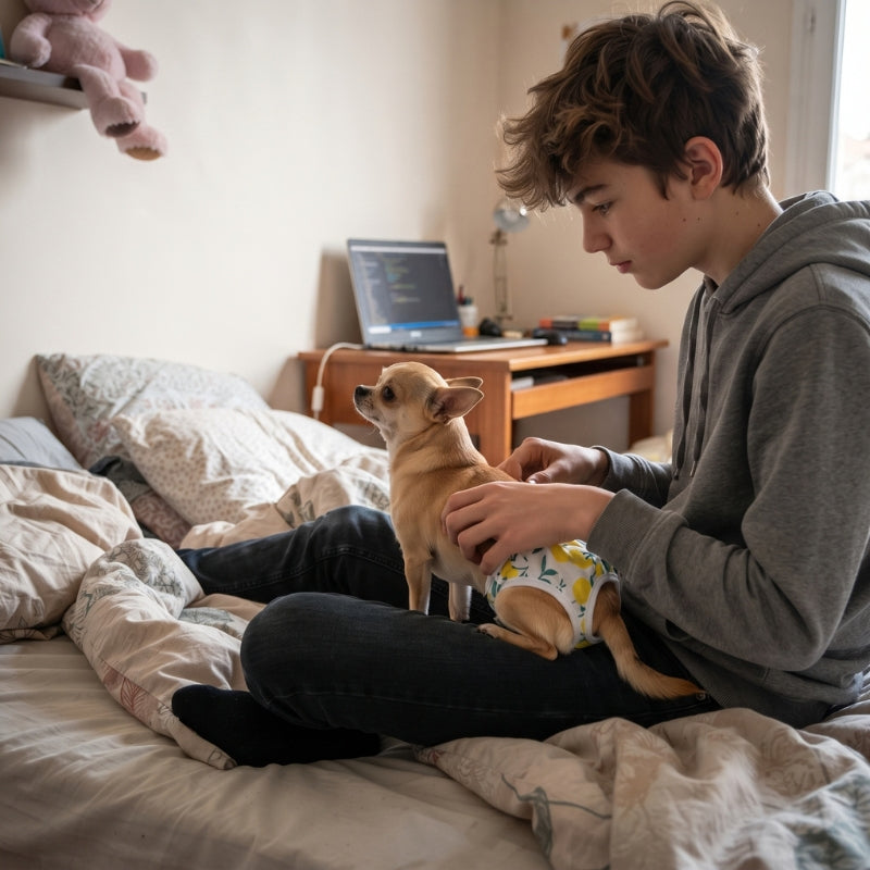 Couche pour chien illustrée par une femme assise sur un lit avec son chien