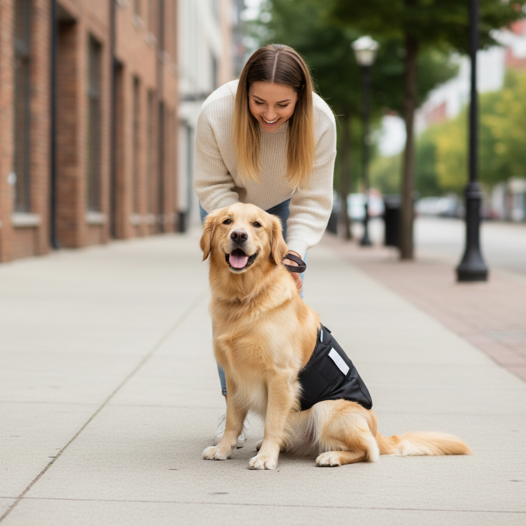 Couche pour chien noire chien assis à côté de son maître en ville