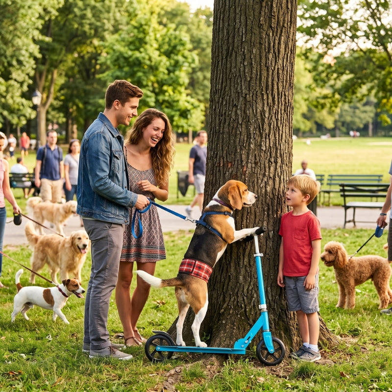 Couche pour chien petite famille et chien sur la trottinette