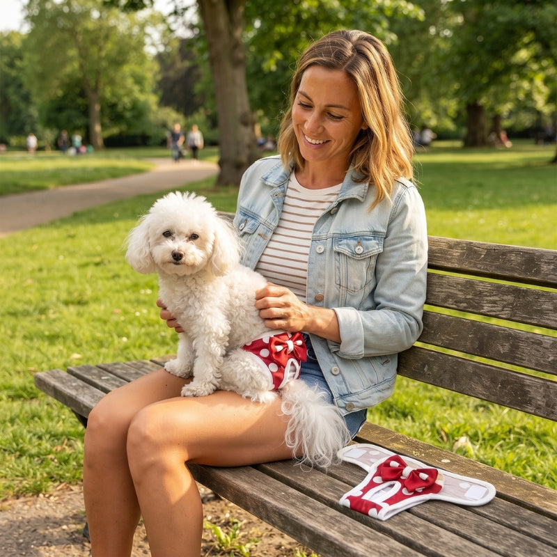Couche pour chien rouge à pois blancs portée par un chien blanc au parc