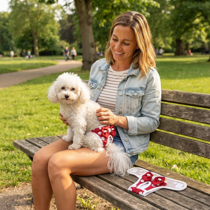Couche pour chien rouge à pois blancs portée par un chien blanc au parc