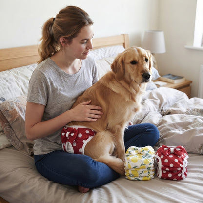Couche pour chien rouge à pois blancs portée par un chien sur un lit