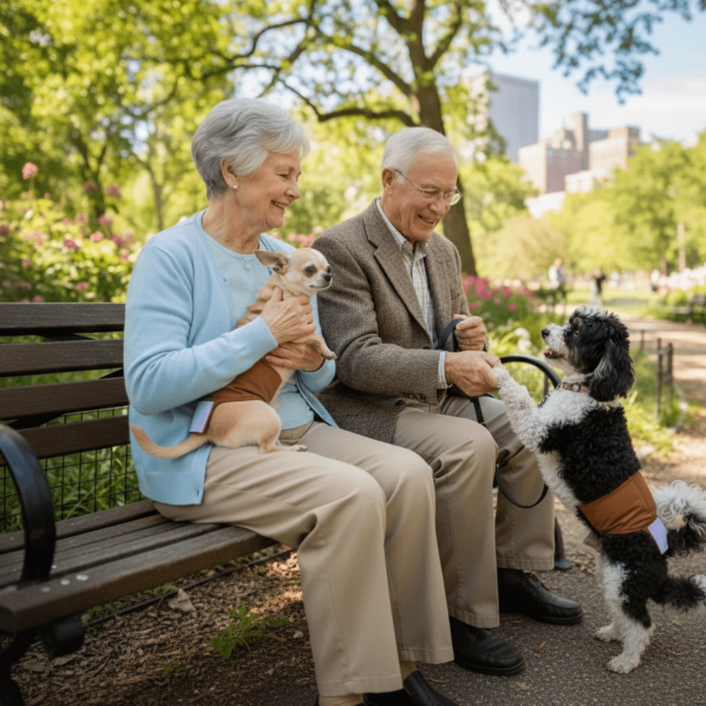 Couple âgé avec chiens dans un parc