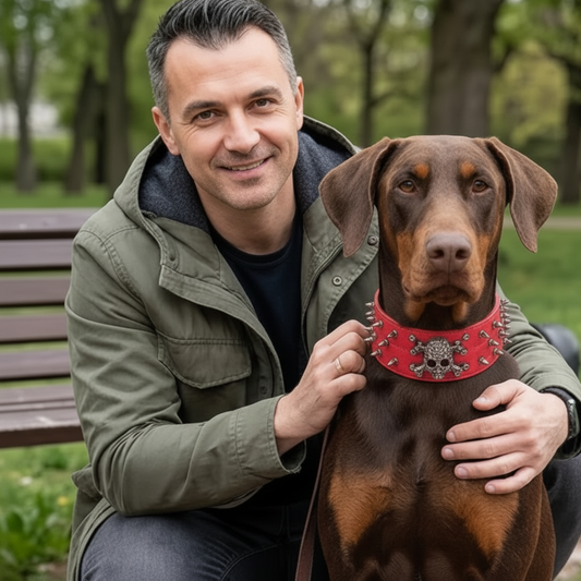 Quand les chiens un homme assis sur un banc de parc tient son chien le chien porte un collier rouge avec des pointes de métal