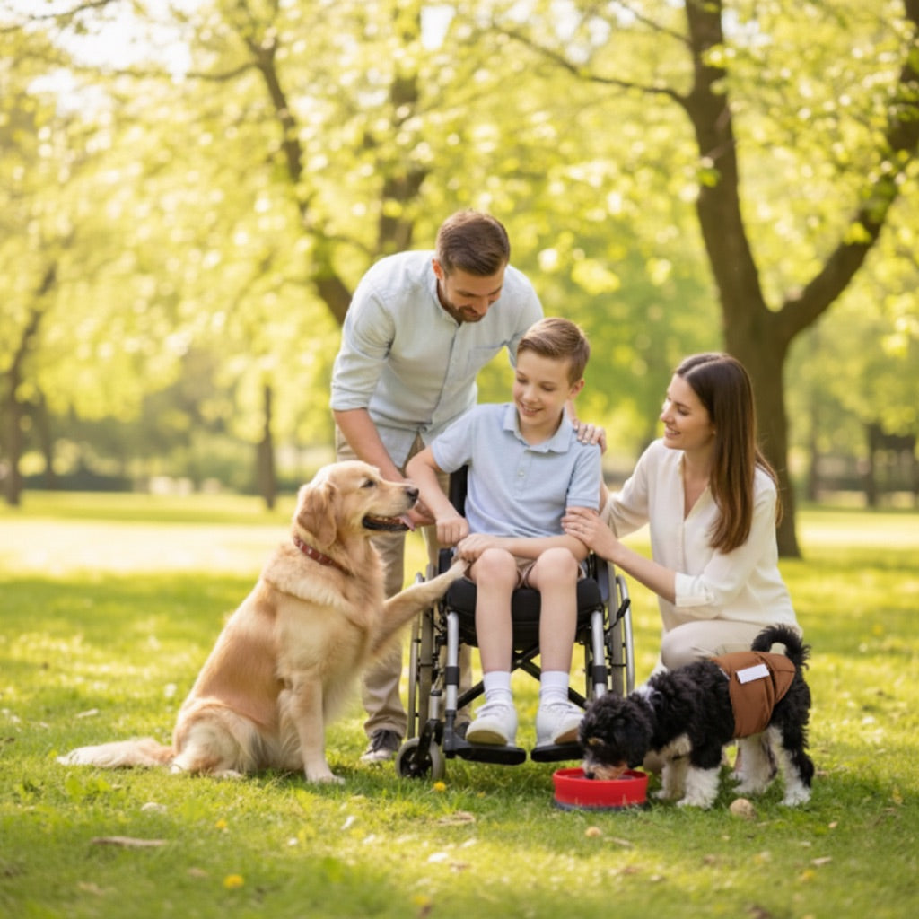 famille avec chiens dans un parc 
