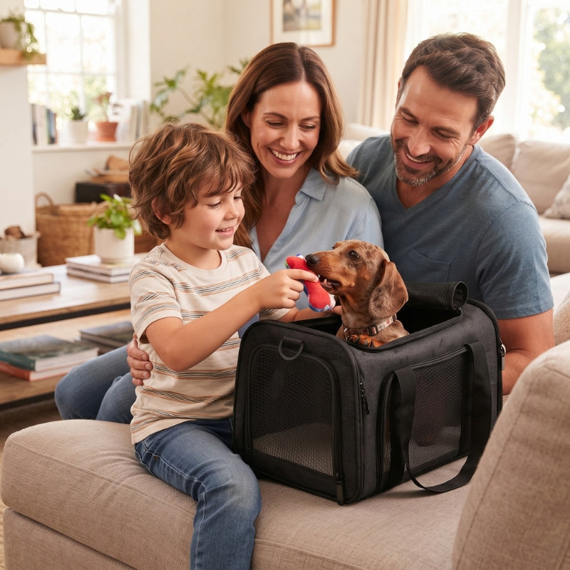 Famille avec un chien dans son sac de transport sur le canapé