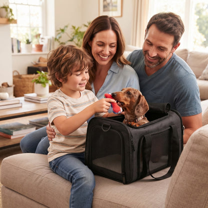 Famille avec un chien dans son sac de transport sur le canapé