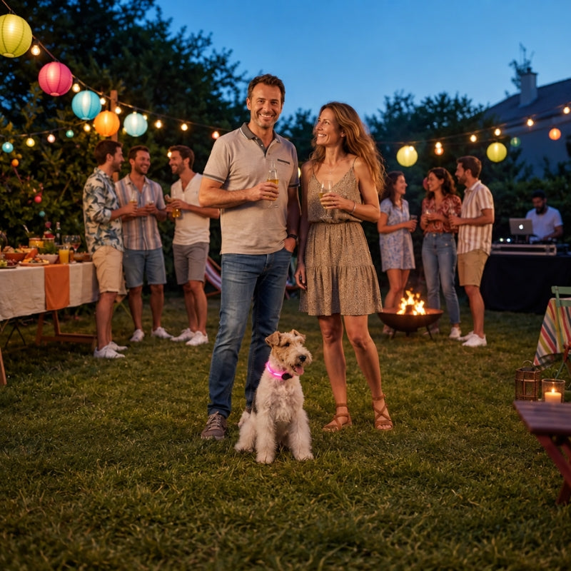 Fête jardin soirée couple chien collier rose