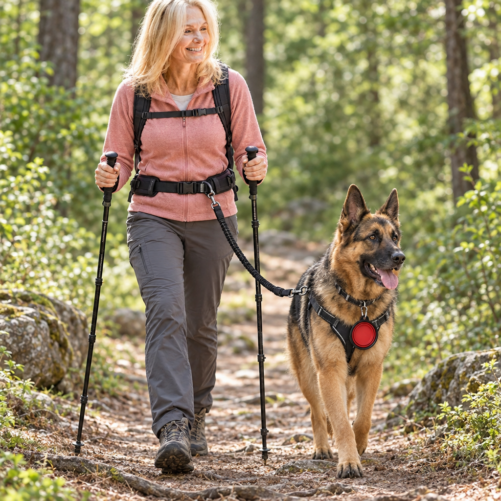 Gamelle pliable rouge au collier du berger allemand accompagnant Julie avec ses bâtons en forêt