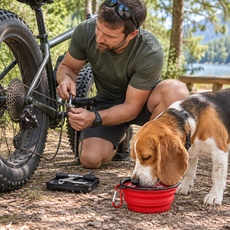 Gamelle pliable rouge avec un beagle buvant près de François réparant son Fat bike